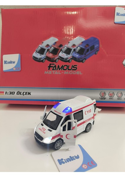 Gerçek Metal Ambulans Oyuncak Mavi Işıklı Sesli Kapıları Açılan Ambulans Pil Hediyeli Çek -Bırak