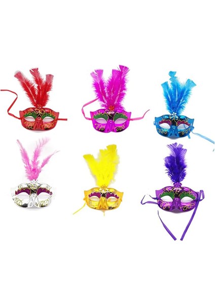 Renkli Tüylü Venedik Parti Maskesi Karışık Renk 12 Adet - Lisinya