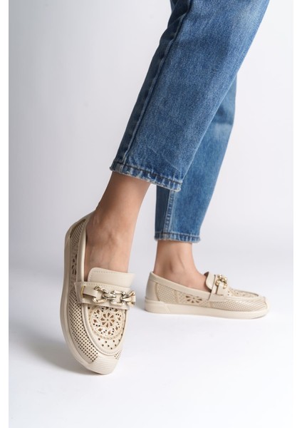 Layla Bağcıksız Ortopedik Rahat Taban Çiçek Desenli Kadın Babet Ayakkabı Ckt - Krem