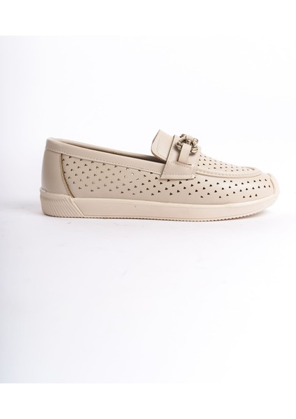 Layla Bağcıksız Ortopedik Rahat Taban Kalp Desenli Kadın Babet Ayakkabı Ckt - Krem