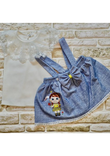 1-2-3 Yaş Bayan Arı Nakışlı Kot Desenli Etek Pamuklu Kumaş 2li Kız Bebek Salopet Takımı Mavi fiyatları