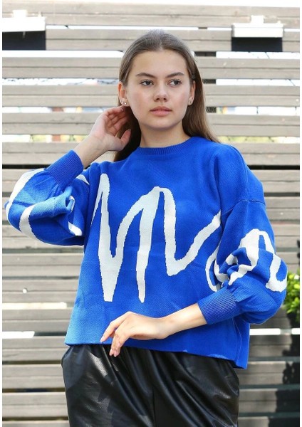 Beyaz Çizgili Bisiklet Yaka Kazak Saksmavisi