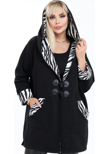 Kapüşon Cep ve Kol Ucu Zebra Desenli Kapüşonlu Devrik Yaka Cepli Uzun Hırka
