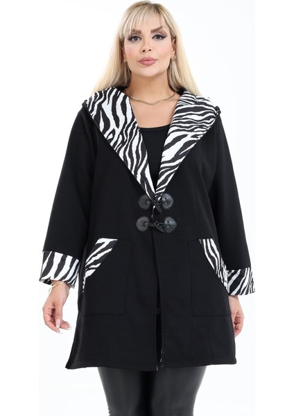 Kapüşon Cep ve Kol Ucu Zebra Desenli Kapüşonlu Devrik Yaka Cepli Uzun Hırka modelleri