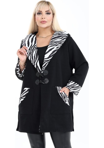 Kapüşon Cep ve Kol Ucu Zebra Desenli Kapüşonlu Devrik Yaka Cepli Uzun Hırka fırsatları