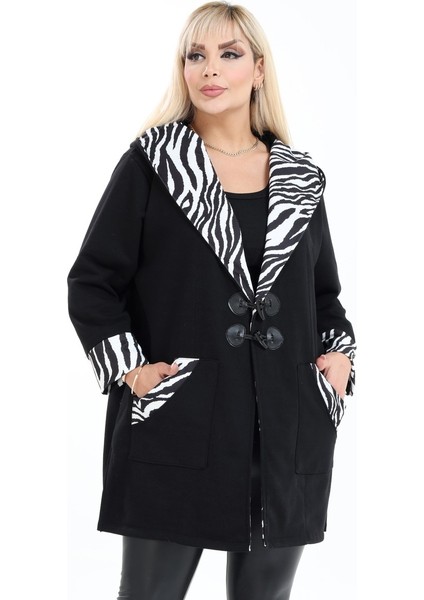 Kapüşon Cep ve Kol Ucu Zebra Desenli Kapüşonlu Devrik Yaka Cepli Uzun Hırka indirimleri