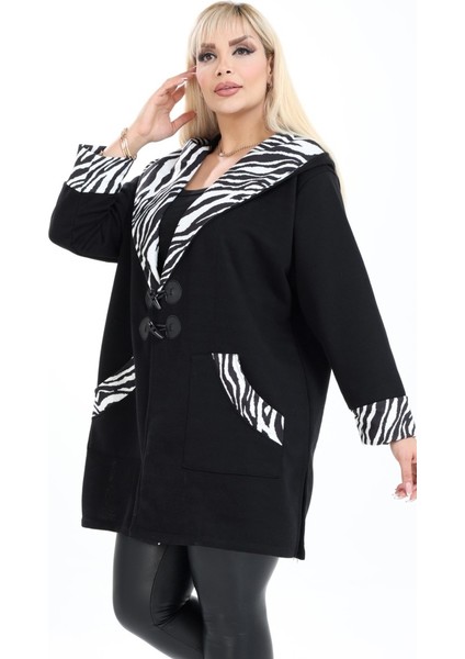 Kapüşon Cep ve Kol Ucu Zebra Desenli Kapüşonlu Devrik Yaka Cepli Uzun Hırka