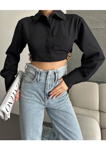 Yanı Kemer Detaylı Crop Gömlek Siyah S4009