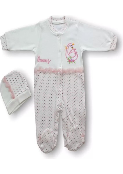 0-3 3-6 6-9 Ay Kraliçe Kuğu Nakışlı Şapkalı Kız Bebek Tulumu Ekru