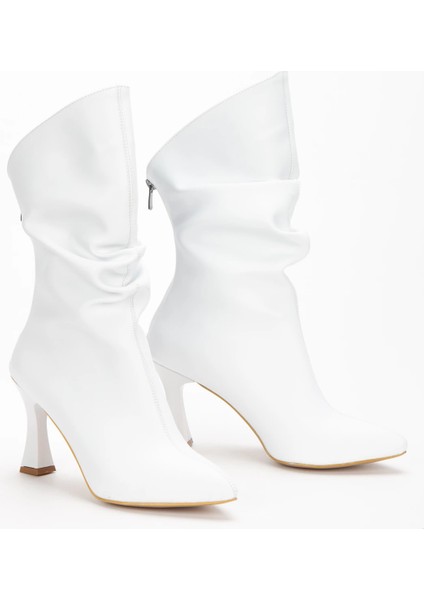 Kadın Beyaz Özel Tasarım Ince Topuklu Büzgülü Fermuarlı Bot fiyatları