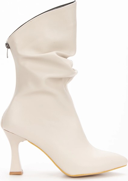 Kadın Bej Özel Tasarım Ince Topuklu Büzgülü Fermuarlı Bot fiyatları