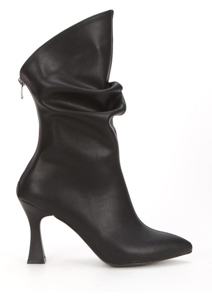 Kadın Siyah Özel Tasarım Ince Topuklu Büzgülü Fermuarlı Bot fırsatları