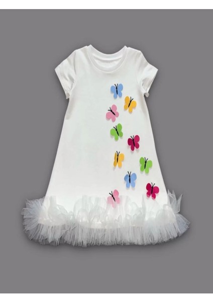1-2-3 Yaş Renkli Kelebekler Nakışlı Eteği Fırfırlı Jile Çocuk Elbisesi Beyaz