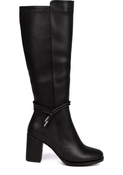 Kadın Kalın Topuklu Siyah Suni Deri Biyeli Çizme