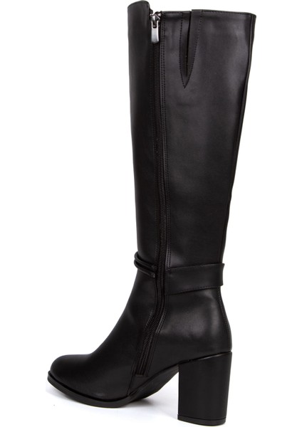 Kadın Kalın Topuklu Siyah Suni Deri Biyeli Çizme modelleri