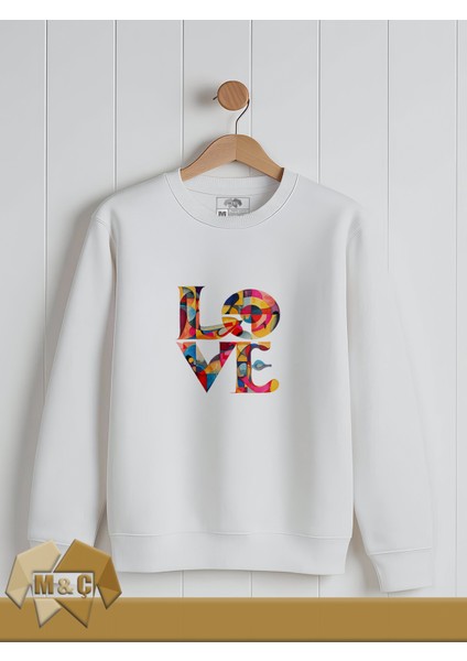 Love Mozaik Renkli Baskılı Kadın Seatshirt Bisklet Yaka Uzun Kol Mevsimlik Hodie