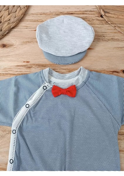 0-3 3-6 Ay Papyonlu Çizgi Desen Çıtçıt Kapama Kasketli Erkek Bebek Tulumu Lacivert modelleri