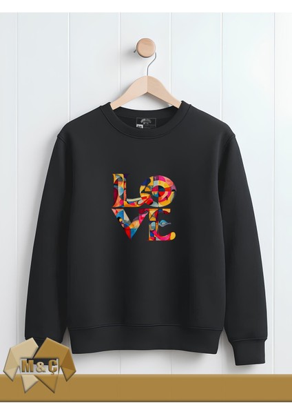 Love Mozaik Renkli Baskılı Kadın Seatshirt Bisklet Yaka Uzun Kol Mevsimlik Hodie