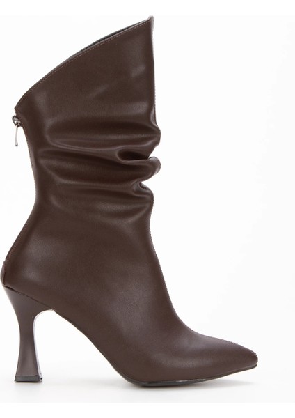 Kadın Kahverengi Özel Tasarım Ince Topuklu Büzgülü Fermuarlı Bot indirimleri