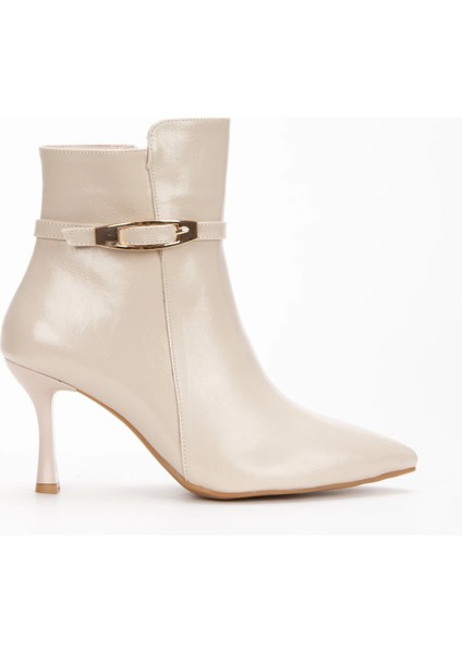 Bej Hakiki Deri Görünümlü Sivri Burunlu Ince Topuklu Tokalı Bot fiyatları