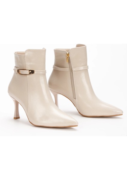 Bej Hakiki Deri Görünümlü Sivri Burunlu Ince Topuklu Tokalı Bot modelleri