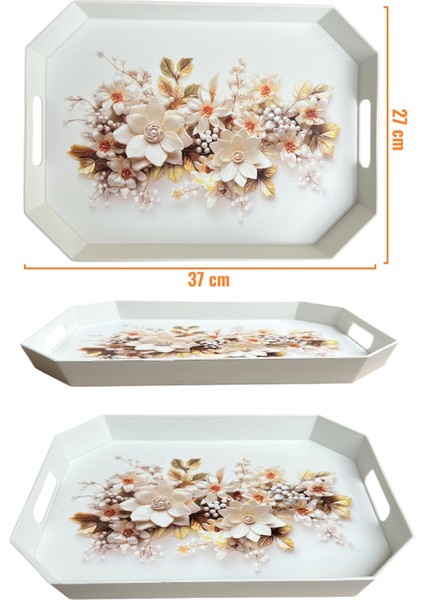 Çay Kahve Sunum Tepsisi, Beyaz Renk, 8 Köşe, 1 Adet, 37X27 cm