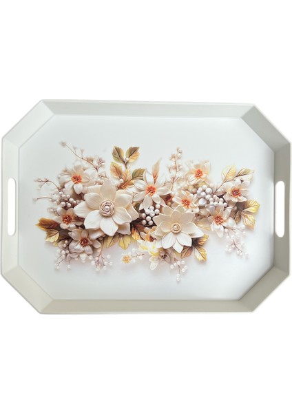 Çay Kahve Sunum Tepsisi, Beyaz Renk, 8 Köşe, 1 Adet, 37X27 cm fiyatları