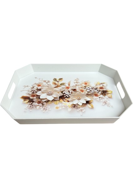 Çay Kahve Sunum Tepsisi, Beyaz Renk, 8 Köşe, 1 Adet, 37X27 cm modelleri