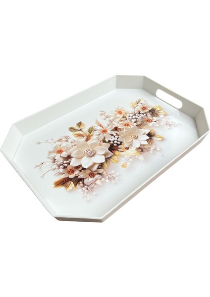 Çay Kahve Sunum Tepsisi, Beyaz Renk, 8 Köşe, 1 Adet, 37X27 cm fırsatları