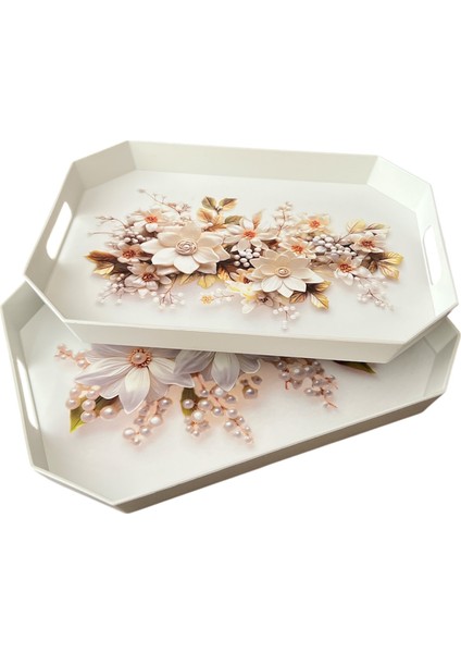 Çay Kahve Sunum Tepsisi, Beyaz Renk, 8 Köşe, 1 Adet, 37X27 cm