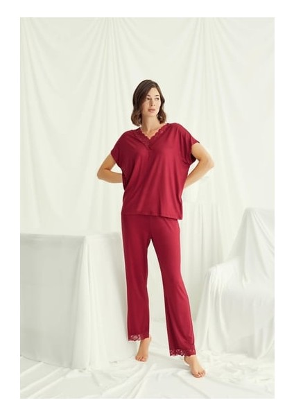 Monamise Kısa Kollu V Yakalı Dantelli Pijama Takımı