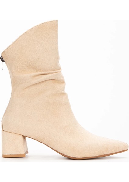 Kadın Bej Süet Körüklü Kısa Kalın Topuklu Bot modelleri