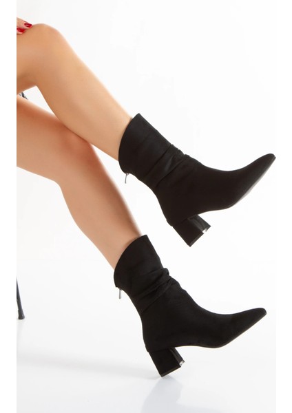 Kadın Siyah Süet Körüklü Kısa Kalın Topuklu Bot