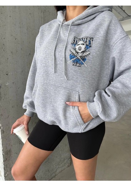 3 Iplik Şardonlu Oversize Kafa Baskılı Sweat Gri