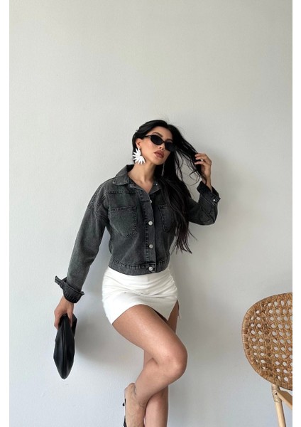 Çift Cepli Kol Katlamalı Süper Taş Enzim Yıkama Crop Kot Ceket Füme