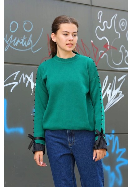 Boncuklu Bile Detaylı Kazak Petrol Yeşili