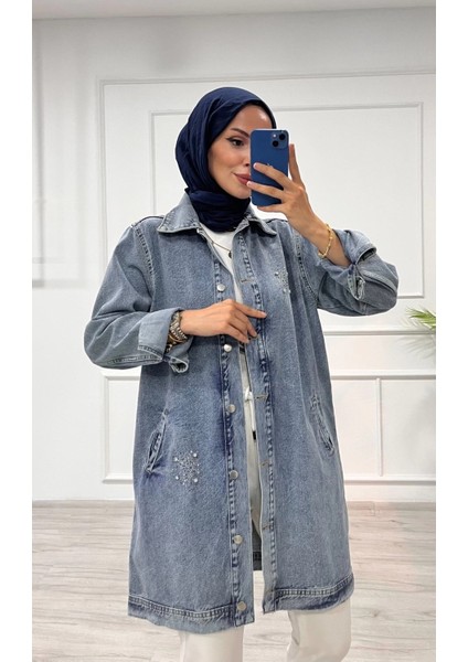 Taşlı Tunik Ceket Kar Yıkamalı Mavi