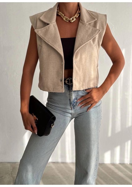 Önü Çıtçıtlı Cepli Kaşe Yelek Bej fiyatları