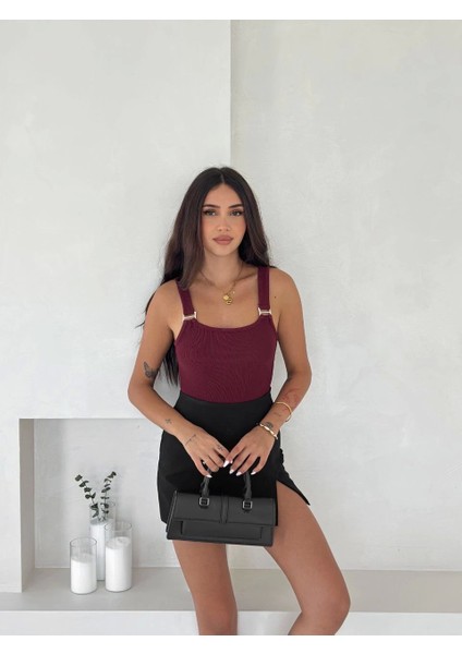 Ottoman Toka Askılı Bluz Bordo S4194