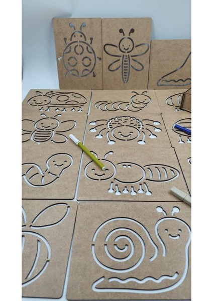 Ahşap Montessori Çizim Seti Böcekler Kutulu 15 Adet