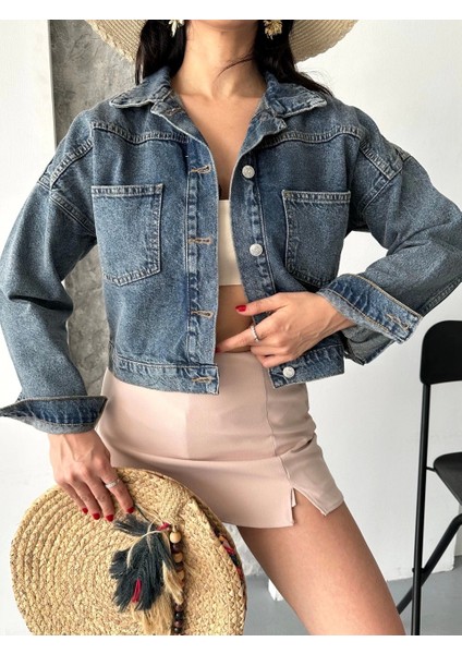 Çift Cepli Kol Katlamalı Kar Yıkama Crop Kot Ceket Kahve Tint