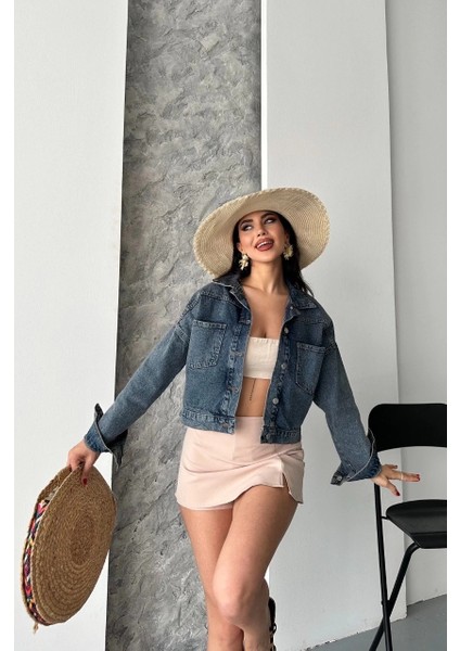 Çift Cepli Kol Katlamalı Kar Yıkama Crop Kot Ceket Kahve Tint fırsatları