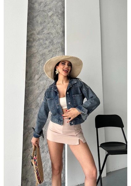 Çift Cepli Kol Katlamalı Kar Yıkama Crop Kot Ceket Kahve Tint indirimleri