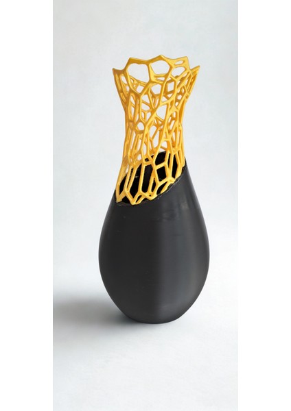 Siyah Sarı Geometrik 3D Vazo – Modern Dekoratif Tasarım