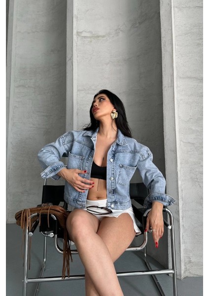 Çift Cepli Kol Katlamalı Kar Yıkama Crop Kot Ceket Mavi