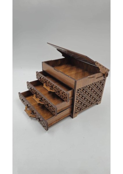Ahşap Dekoratif Üç Çekmeceli Kutu 19 cm x 15 cm x 14 cm