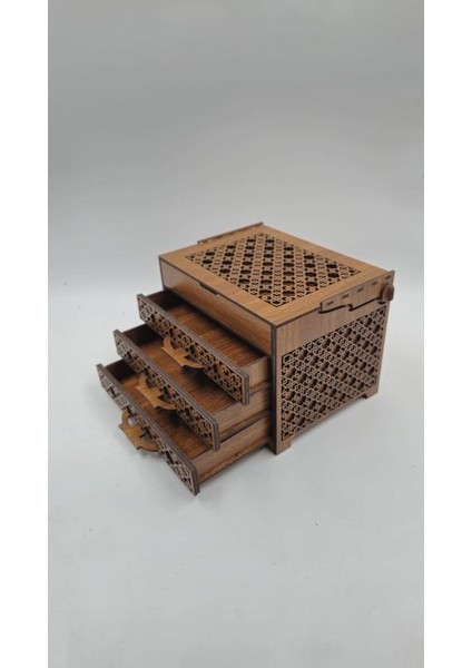 Ahşap Dekoratif Üç Çekmeceli Kutu 19 cm x 15 cm x 14 cm