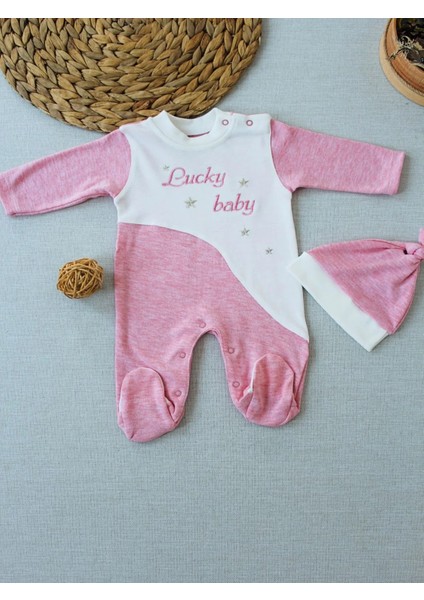 0-3 3-6 Ay Lucky Turk Nakışlı Es Çizgi Boy Şapkalı Kız Bebek Tulumu Pembe