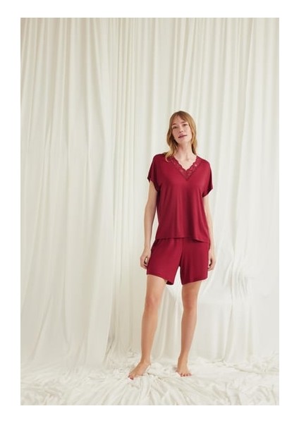 Monamise Kısa Kollu Dantelli V Yaka Şort Takımı
