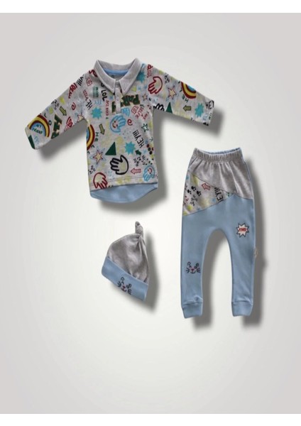 6-9 12-18 18-24 Ay Power Kedi Nakışlı Uzun Kollu Sweat Şapkalı 3lü Kız Erkek Bebek Takımı Mavi